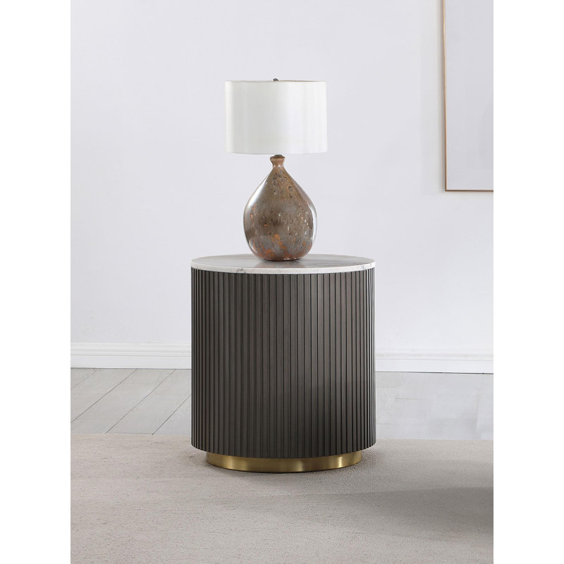 Mercer41 Yamiko Round Marble Top Side End Table White And Charcoal ...
